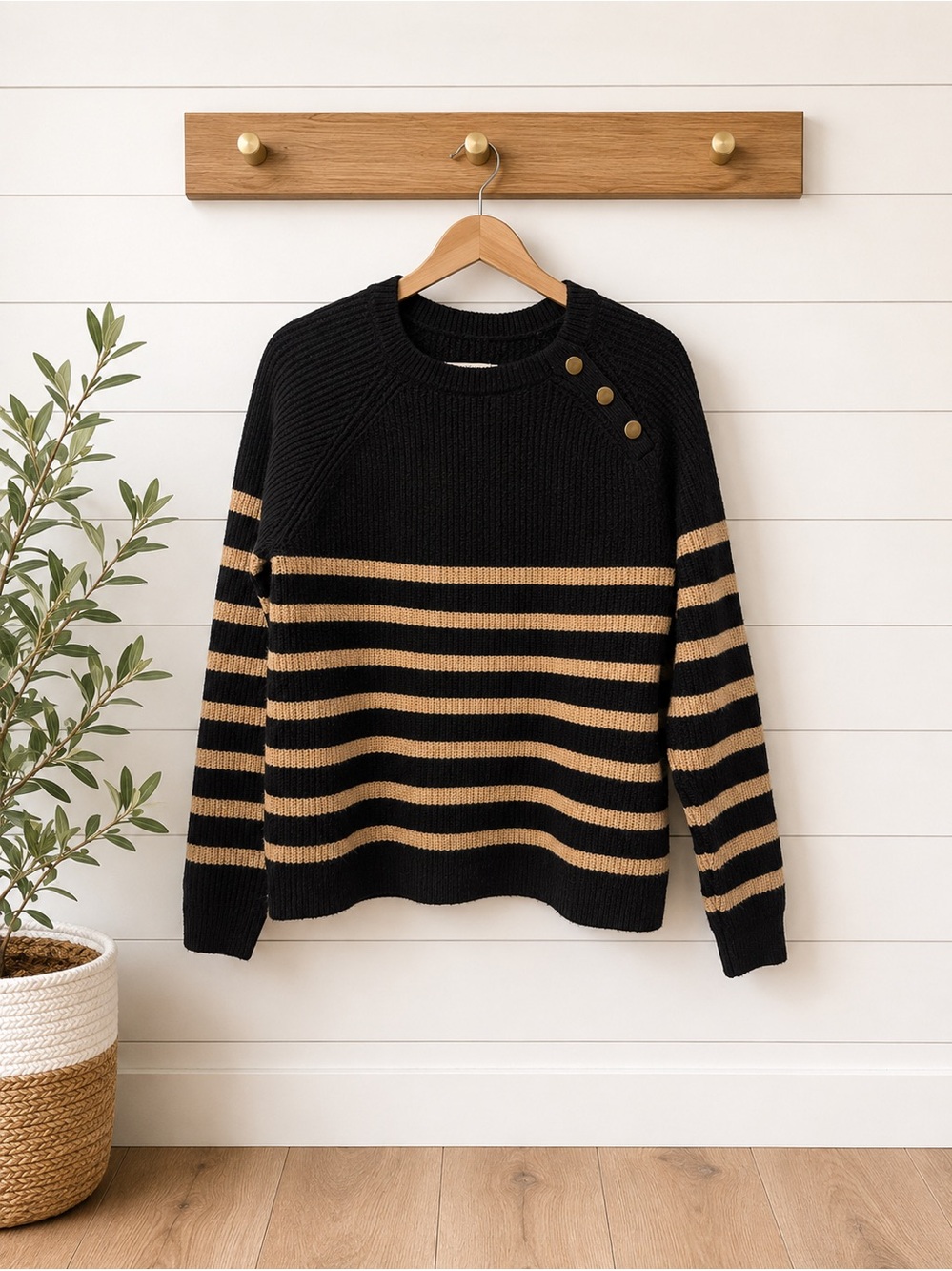 🖤💛 Knox Rose Black & Tan Striped Sweater | Button Shoulder Knit Pullover | M